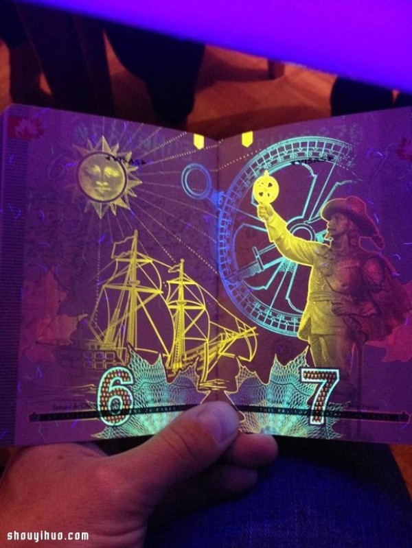 The super gorgeous picture of Canadian passport after being illuminated by ultraviolet light