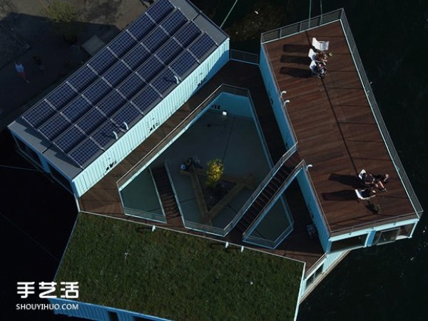 Container houses floating on the harbor are affordable dormitories for students