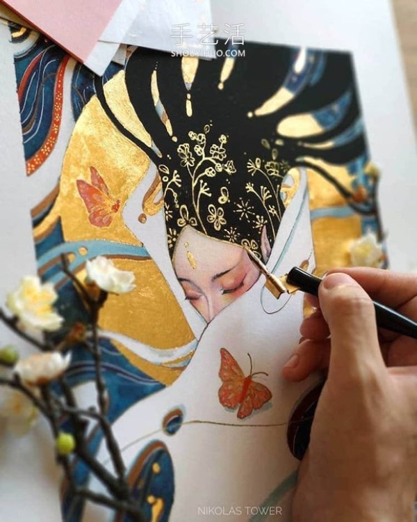 Dazzling gold leaf details illuminate the otherworldly and mysterious portrait of a woman