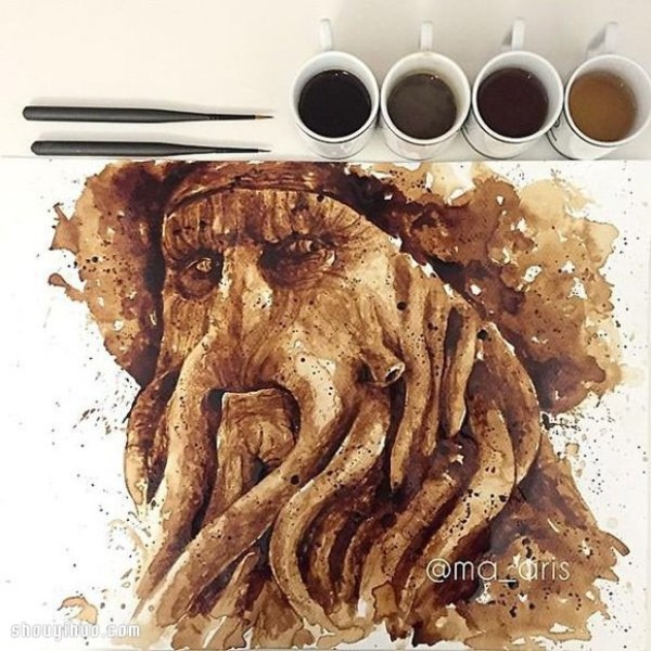 Coffee painting! Hand-painted movie characters with different shades of coffee