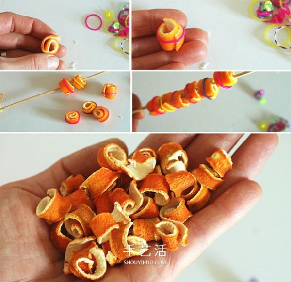 Illustrated tutorial on how to make a simple homemade orange peel bracelet