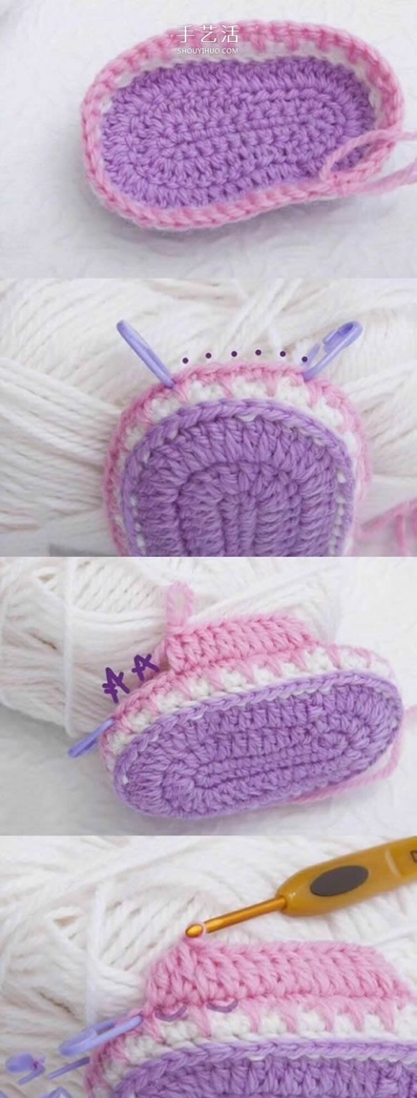 The crochet method of cute baby shoes and the tutorial of crocheting baby shoes