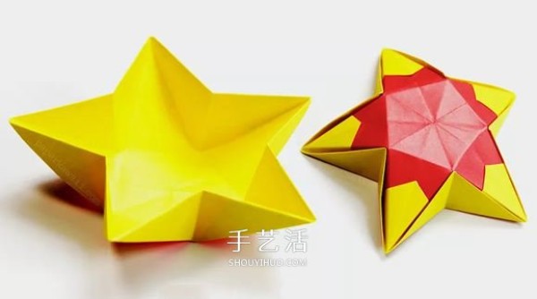 Illustrated tutorial on how to fold a hand-made origami five-pointed star bowl