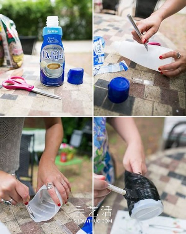 Illustrated tutorial on how to make your own hanging plastic bottle flowerpot