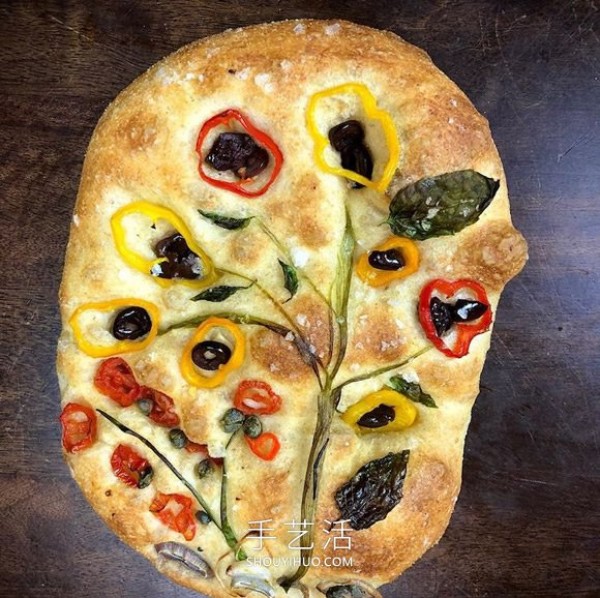 Focaccia bread is used as a canvas to create Van Gogh style art paintings