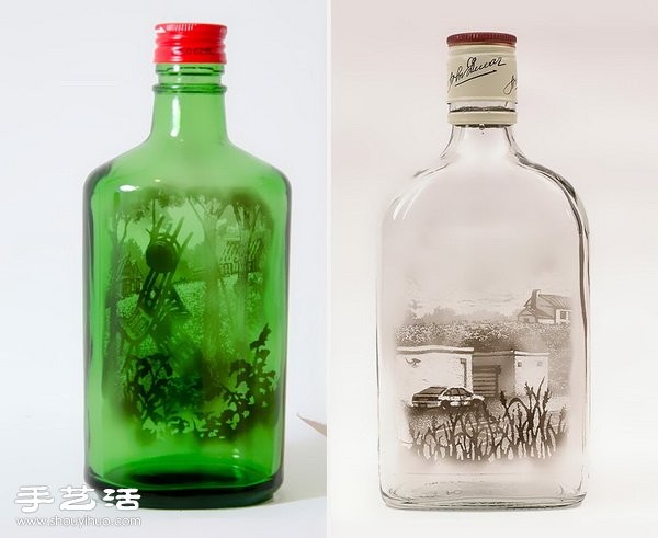 A realistic smoke painting is drawn on the inner wall of the glass bottle