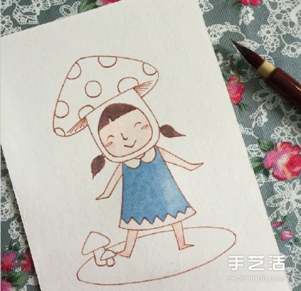 The drawing of a cute little girl playing the role of a mushroom teaches you how to color