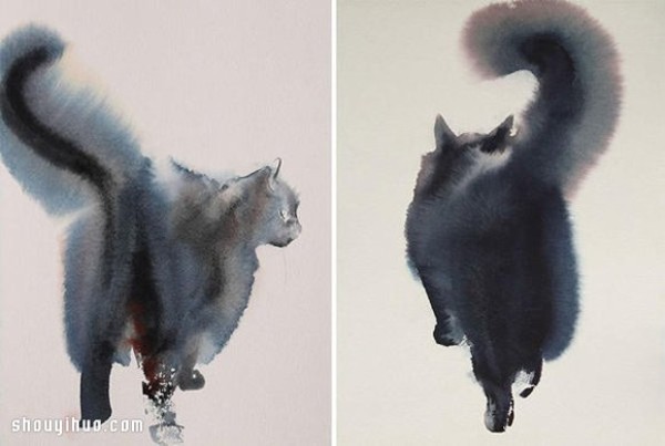 Use calligraphy ink to render the soft and fluffy lazy posture of the cat