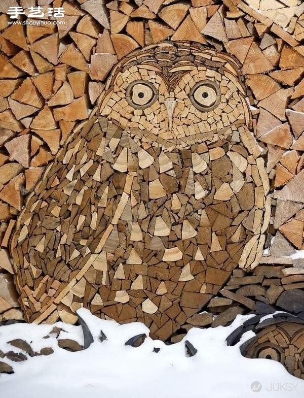 82-year-old grandpa used collected wood blocks to DIY mosaic owl