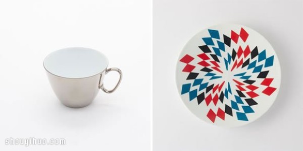 Waltz-like design of mirror-reflected coffee cups and trays of afternoon tea