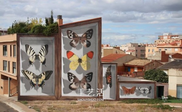 Giant wall graffiti turned the entire apartment wall into butterfly specimens