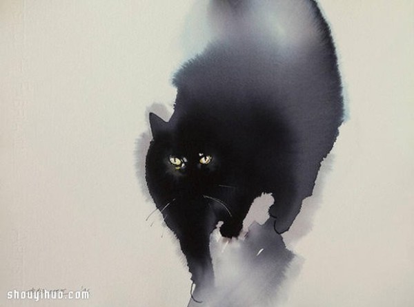 Use calligraphy ink to render the soft and fluffy lazy posture of the cat