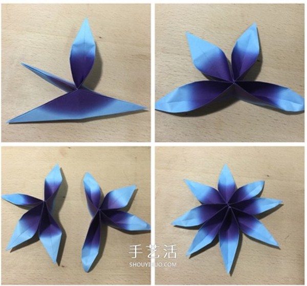 Illustration of the manual origami method of using two pieces of paper to fold a three-dimensional eight-petal flower