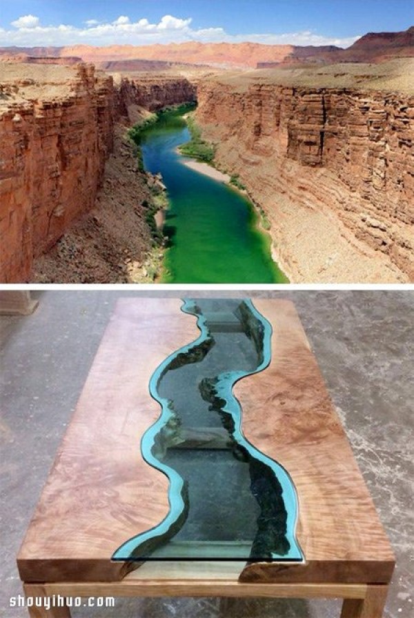 Use wood and blue glass to make a table with a beautiful river