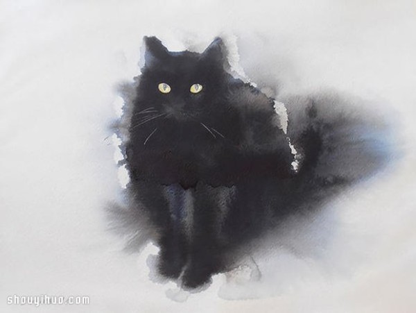 Use calligraphy ink to render the soft and fluffy lazy posture of the cat