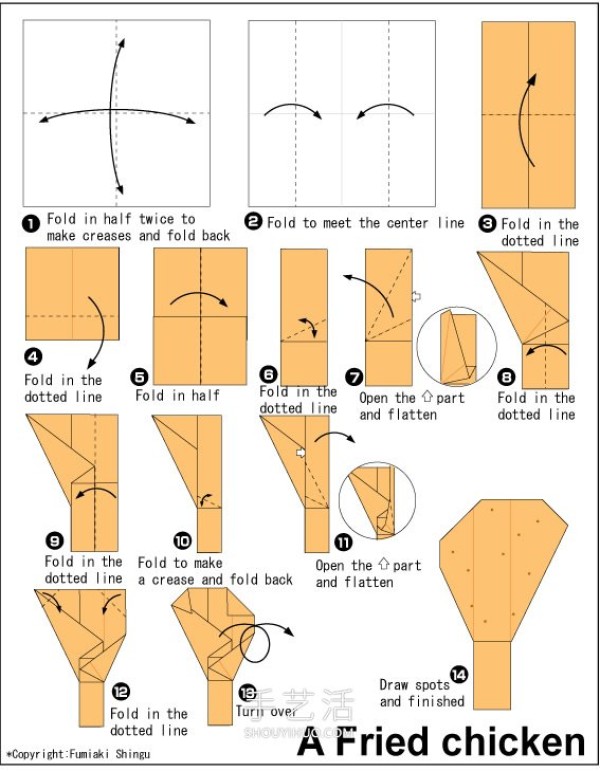 Illustration of the simple folding method of origami chicken legs for young children