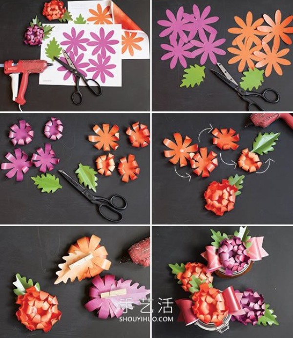 Illustrated tutorial on how to make homemade chrysanthemums on cardboard