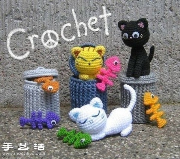 A cute cat picking up fish bones and eating them while crocheting a trash can