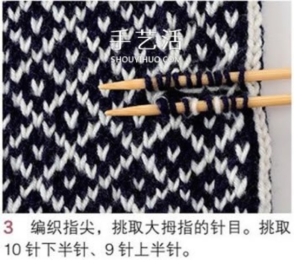 Illustration of knitting mittens with beautiful patterns using wool