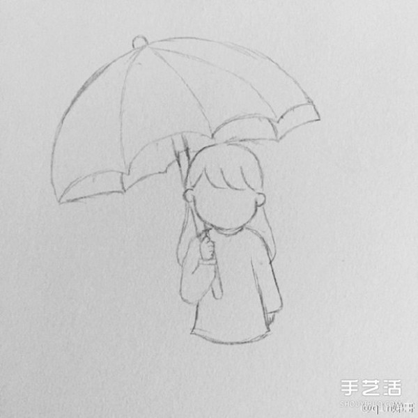 Picture tutorial on how to draw a little girl holding an umbrella in the rain