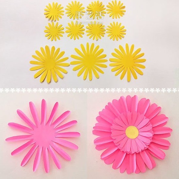 Illustrations of beautiful three-dimensional daisies made from colored paper