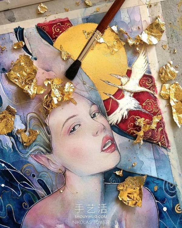 Dazzling gold leaf details illuminate the otherworldly and mysterious portrait of a woman