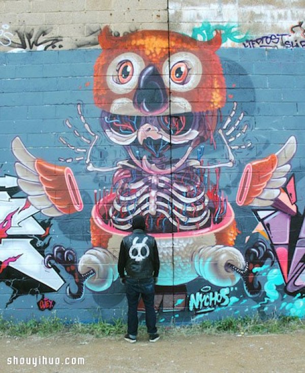 Graffiti art of anatomical cartoon characters with weirdness and cuteness coexisting