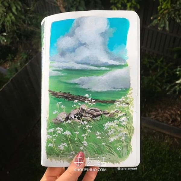 Inspired by Ghibli movies, dreamy landscape paintings fill her sketchbook