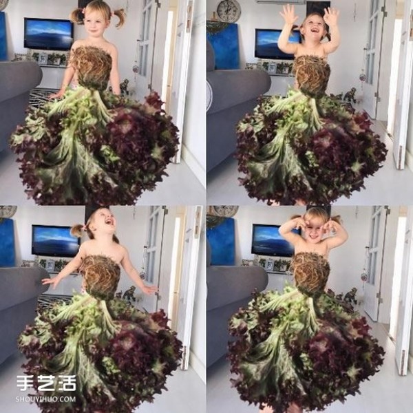 Creative childrens photo: The little girl puts on the cute fruit and vegetable dress made by her mother