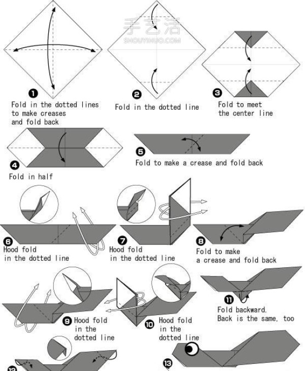 Illustrated steps for folding origami tadpoles for kindergarten