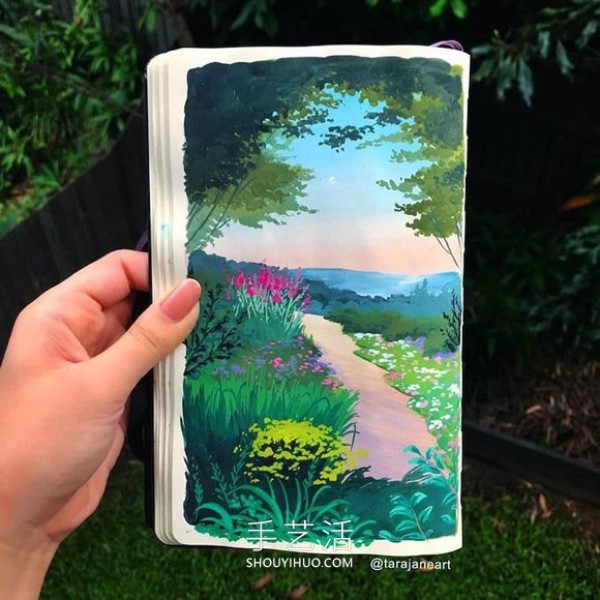 Inspired by Ghibli movies, dreamy landscape paintings fill her sketchbook