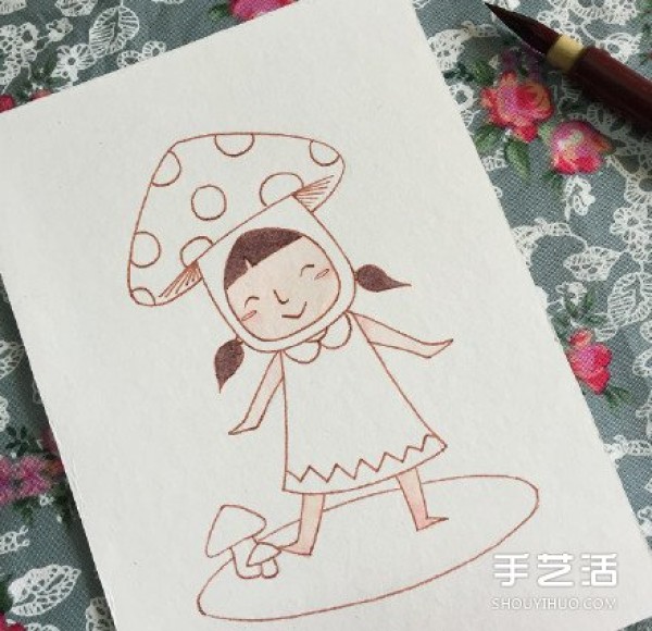 The drawing of a cute little girl playing the role of a mushroom teaches you how to color