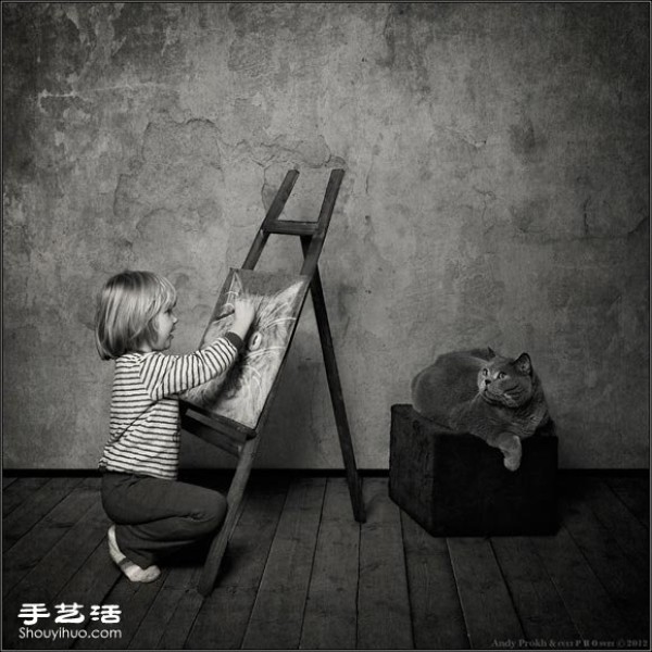 Black and White Childrens Photography: When a Little Girl Meets a Cat