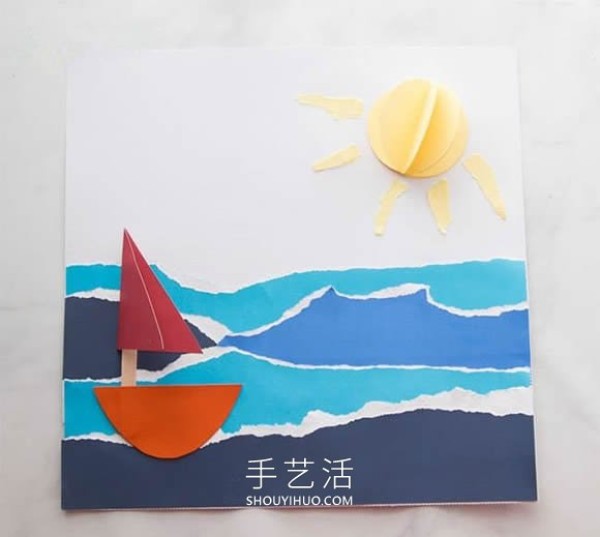 Beautiful summer beach! Tutorial on making beautiful tear-paper paintings for kindergarten