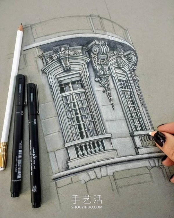 Self-taught artist sketches precise and detailed architectural drawings