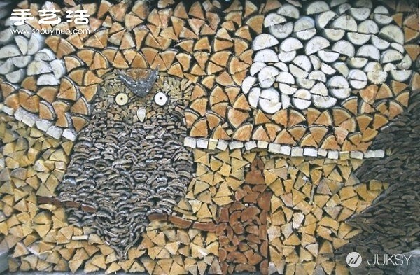 82-year-old grandpa used collected wood blocks to DIY mosaic owl