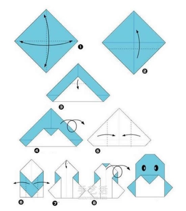 Illustration of a simple method for children to make origami penguins