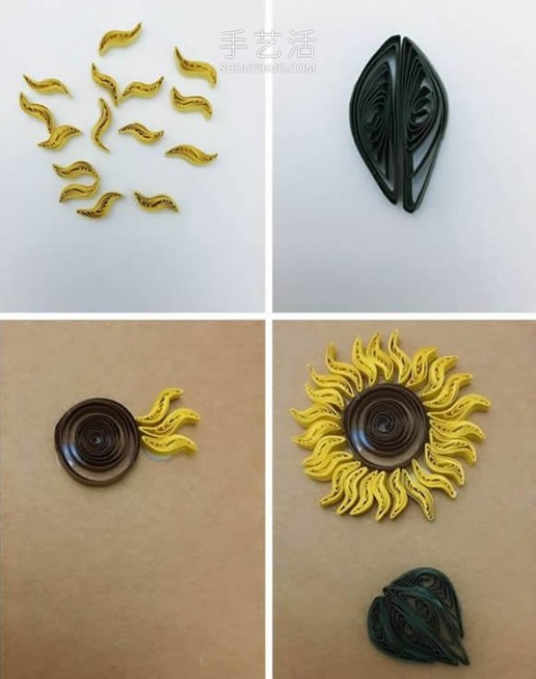 Tutorial on how to make hand-made decorative paintings of sunflowers on quilled paper