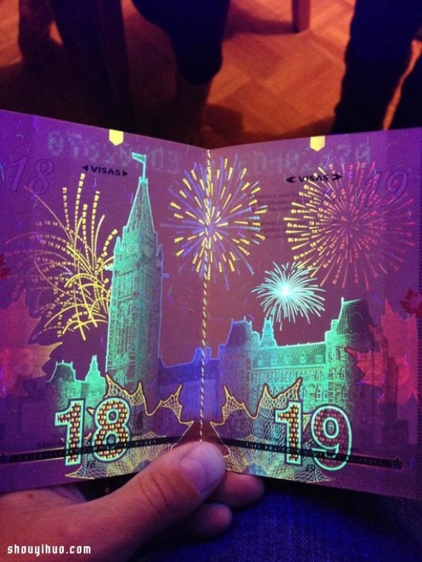 The super gorgeous picture of Canadian passport after being illuminated by ultraviolet light