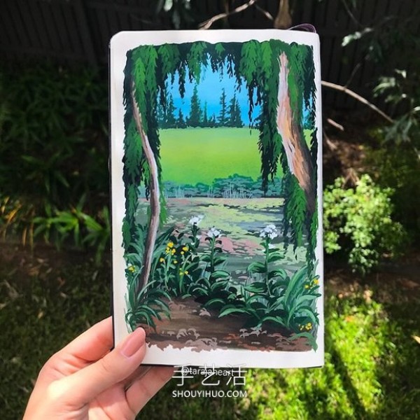 Inspired by Ghibli movies, dreamy landscape paintings fill her sketchbook