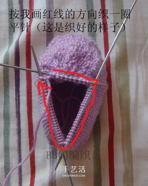 The knitting method of high shoe tube baby shoes and stick knitting baby warm woolen shoes