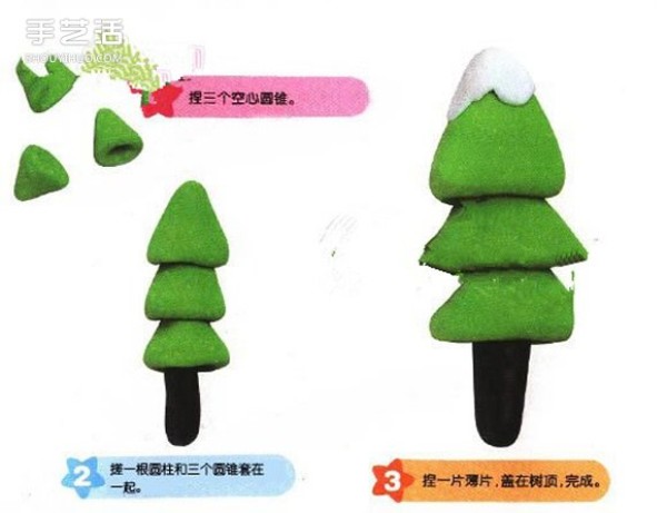 Plasticine handicraft tutorial for young children: big tree, Christmas tree and lily