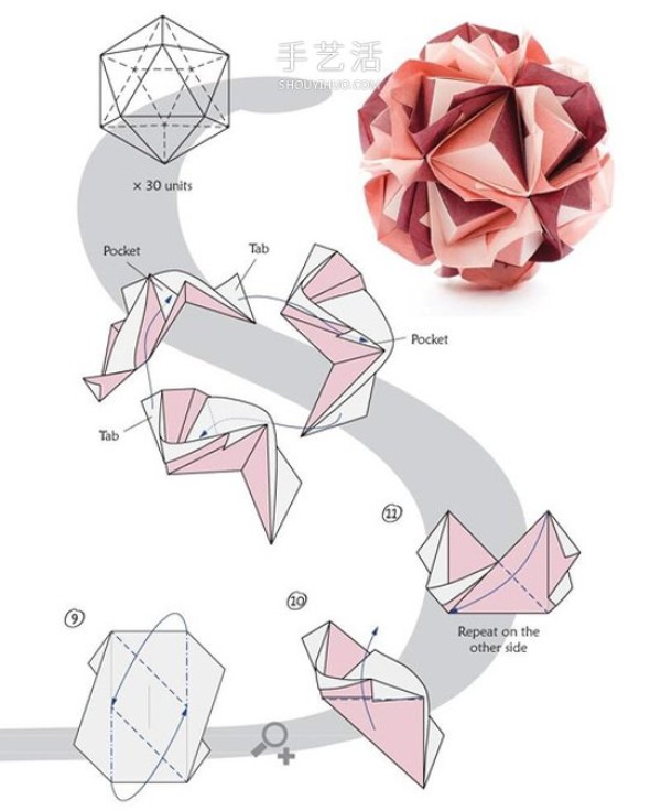 Illustrated tutorial on how to fold origami bouquets, fold one and hang it up as a decoration