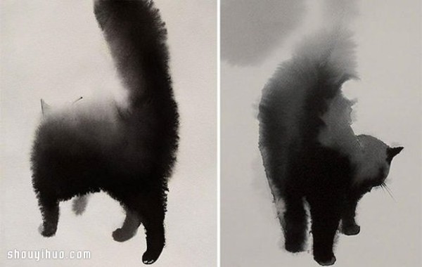 Use calligraphy ink to render the soft and fluffy lazy posture of the cat