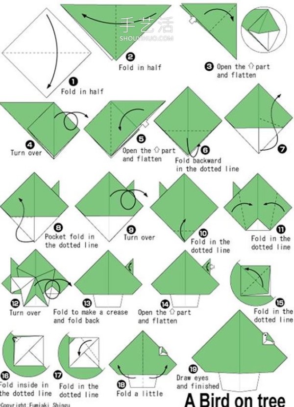 An illustrated tutorial on how to fold an origami bird and a big tree for young children