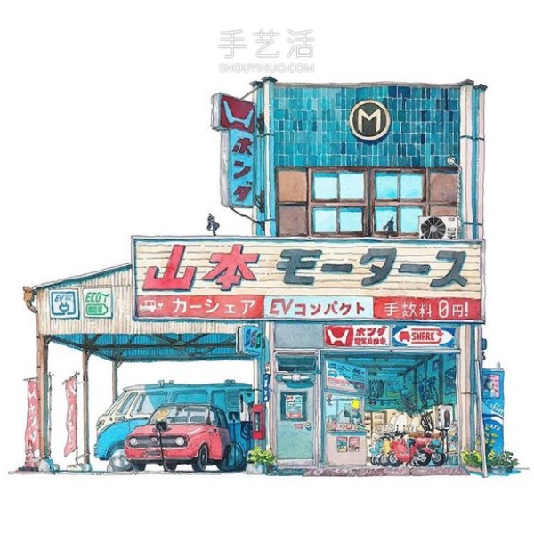 Fantasy Japanese storefront! Fictional watercolor painting by Polish animator