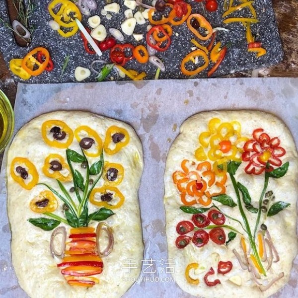 Focaccia bread is used as a canvas to create Van Gogh style art paintings