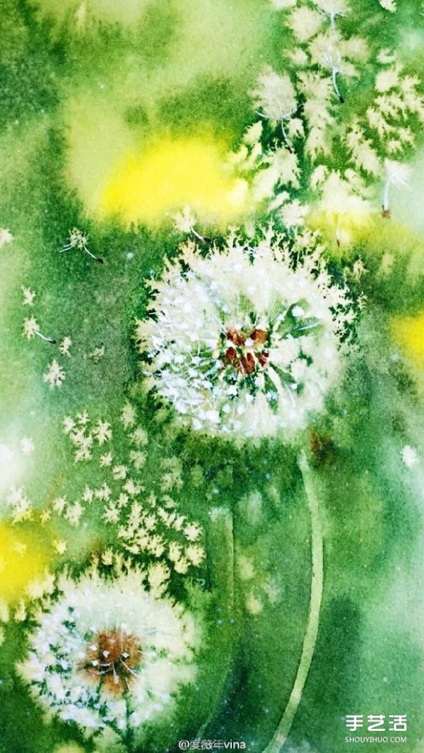 The works of dandelions painted with salt and watercolor have the texture of oil paintings