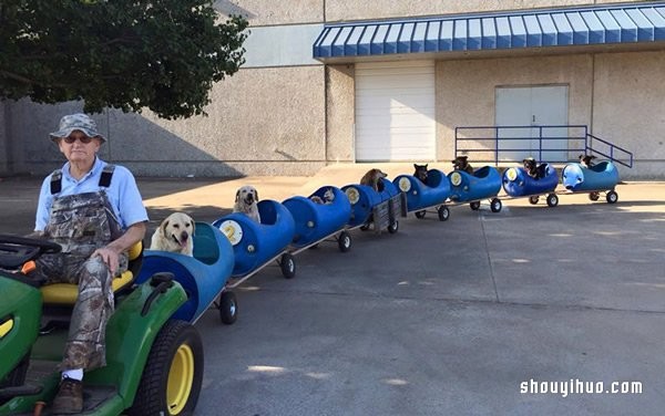 80-year-old man builds a dog-walking train and takes adopted stray dogs for a ride