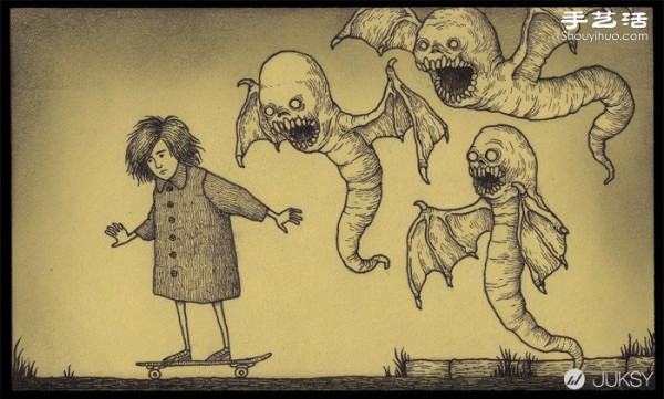 The spooky monster doodles drawn by Don Kenn on sticky notes